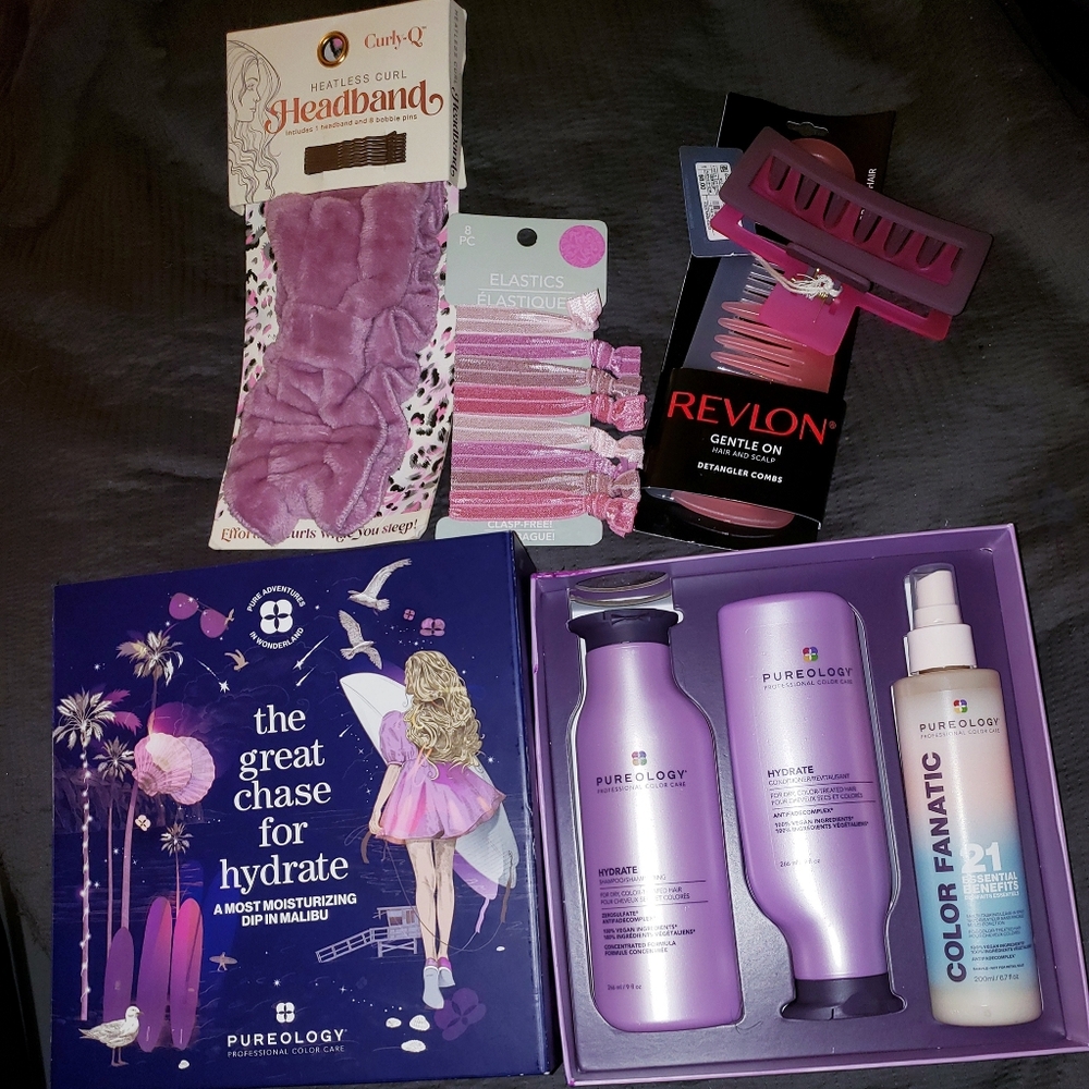 Pureology Hydrate 3 Piece Set (Shampoo, Conditioner, Spray) & 4 Hair Accessories
